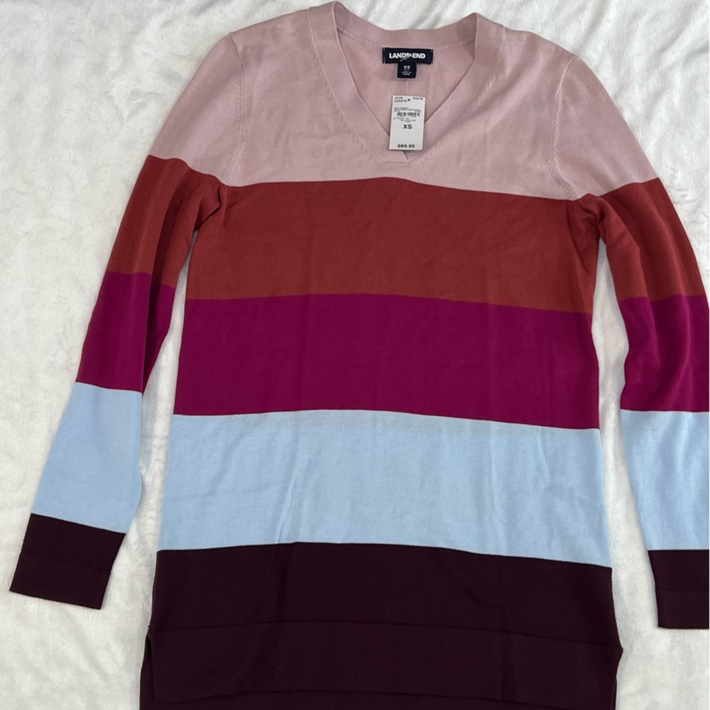 NWT LANDS END  XSMALL 2/4 Long Sleeve Pullover Sweater V Neck Multi-color Women